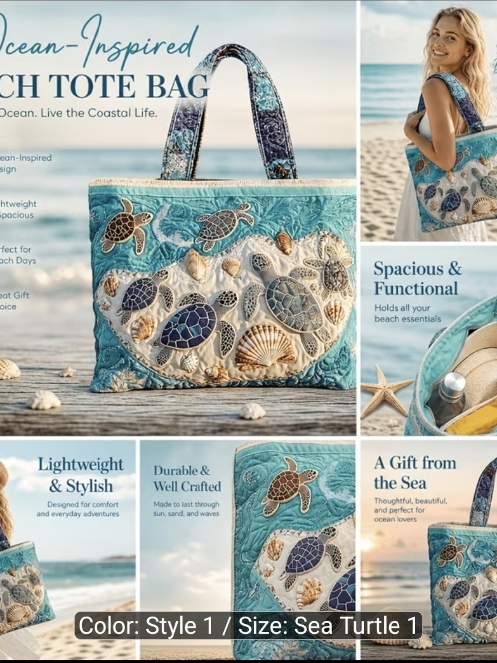 Ocean-Inspired Sea Turtle Quilted Tote Bag - Turquoise
